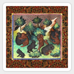 BOOK OF HUNTING ,BEARS IN WOODLAND GREENERY Medieval Miniature Sticker